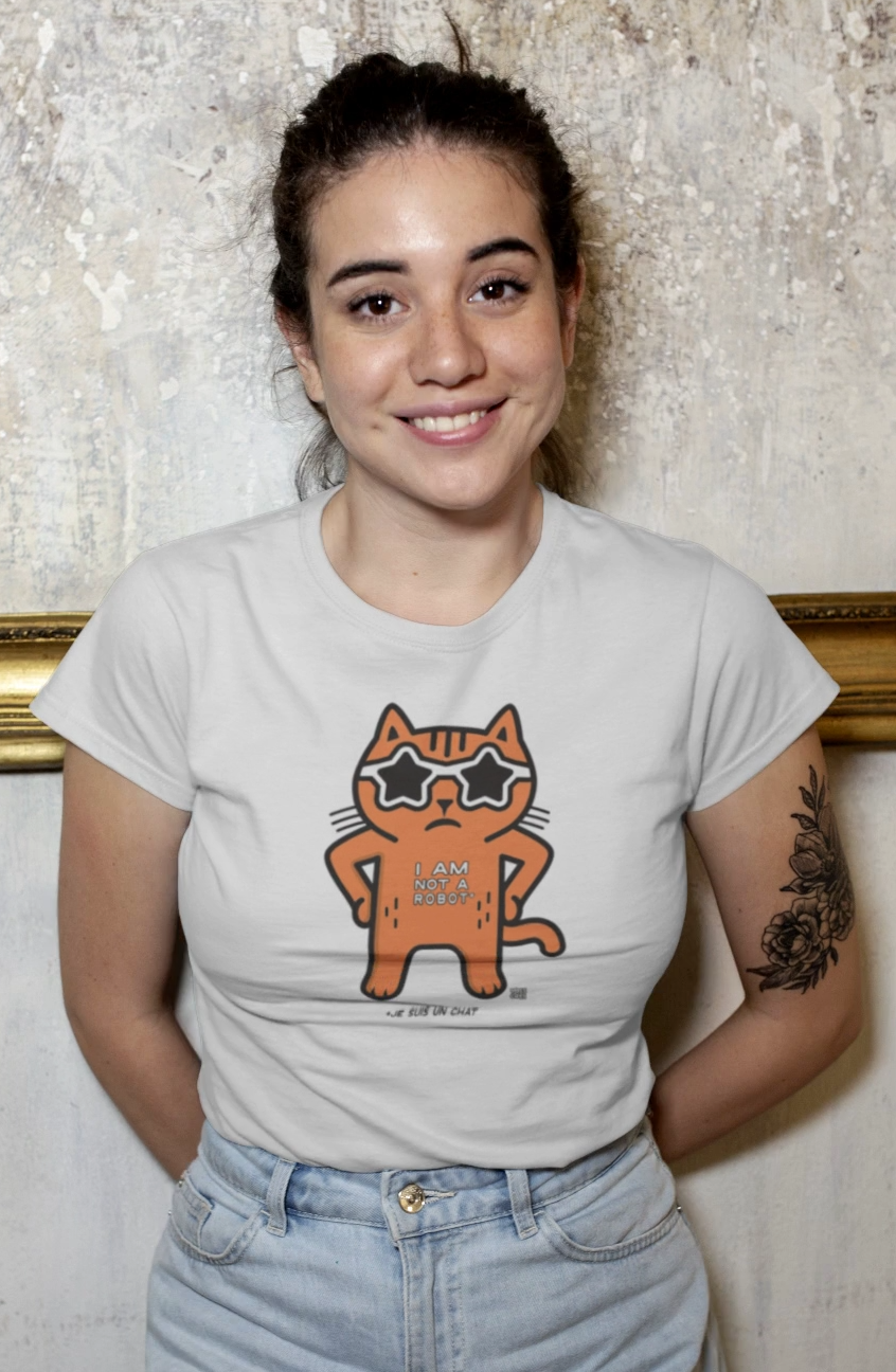 T-shirt à manches courtes pour femme Yass Cats - Orange - « Je ne suis pas un robot »