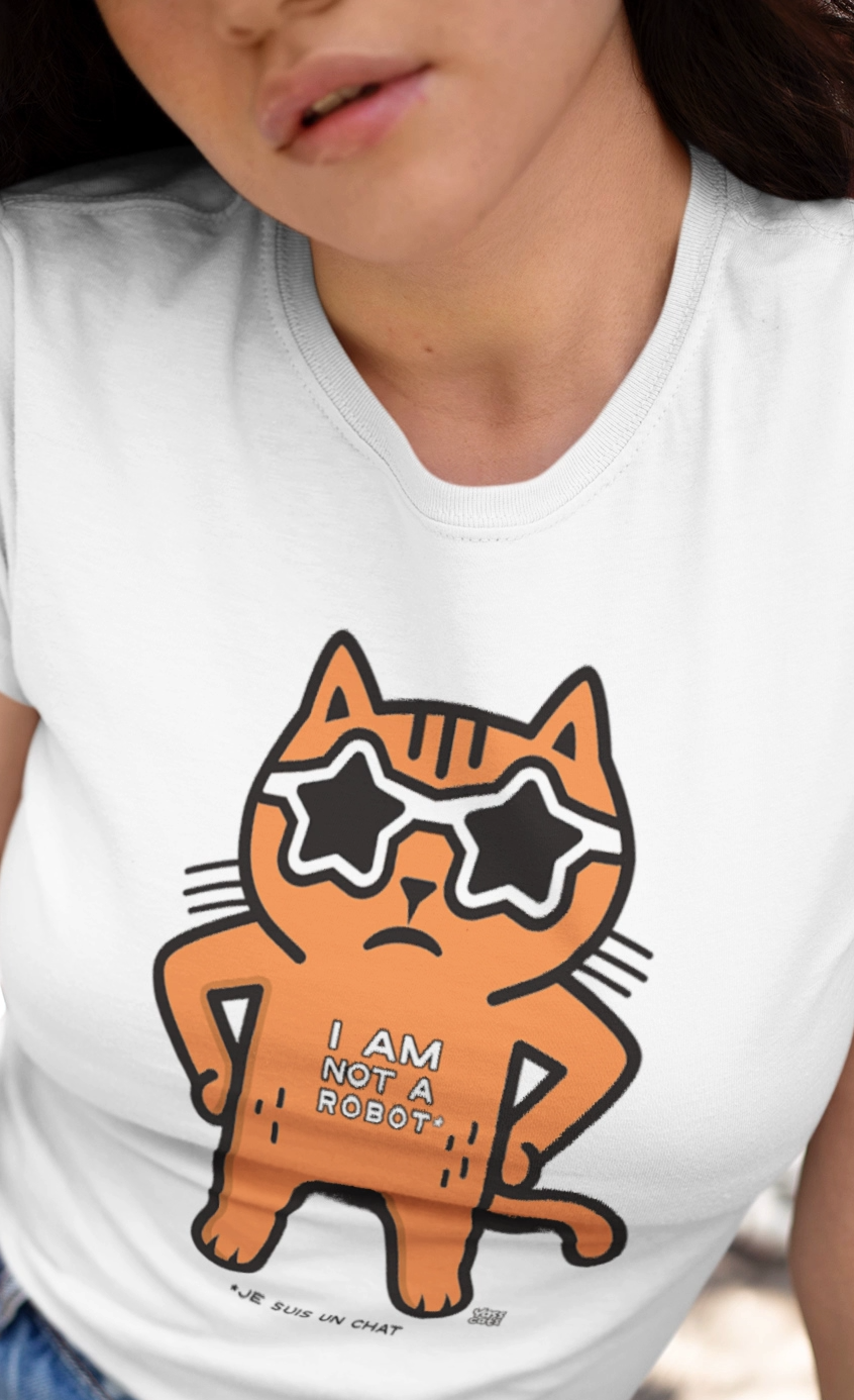 T-shirt à manches courtes pour femme Yass Cats - Orange - « Je ne suis pas un robot »